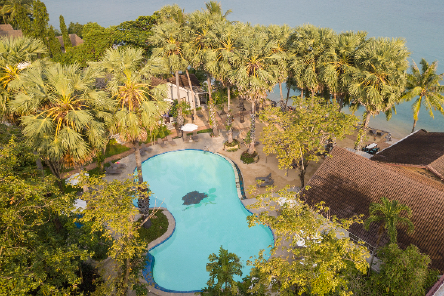 Birds eye view of seaside pool and beachfront area - ©Paradise Beach Resort