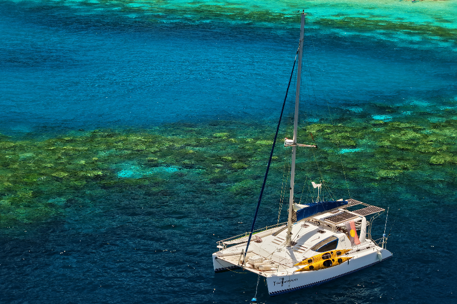 Admiral 38 catamaran Tribal Adventures is fitted with sea kayaks, snorkels & masks, tents, even bikes, for a day or multi-day expedition