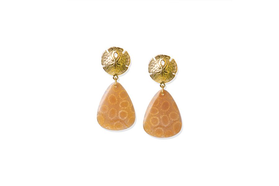 Fossilized Coral and Pansy Shell Drop Earrings in 18ct Gold - ©Patrick Mavros
