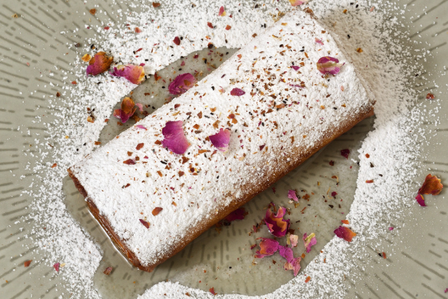 Galaktoboureko Porto Veneziano with mascarpone cheese, dried fruits & rose syrup
