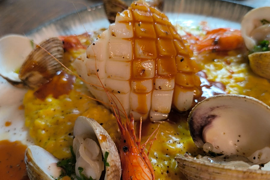 Seiche grillée, praires des Glénan, bouquet de Loctudy, risotto safrané - ©Le Fief