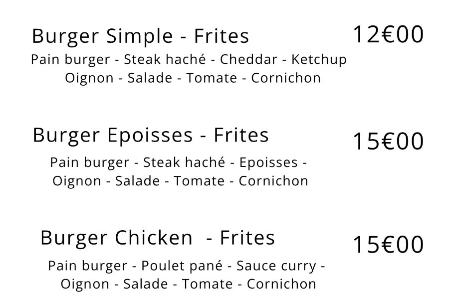 Nos burgers sur place ou à emporter