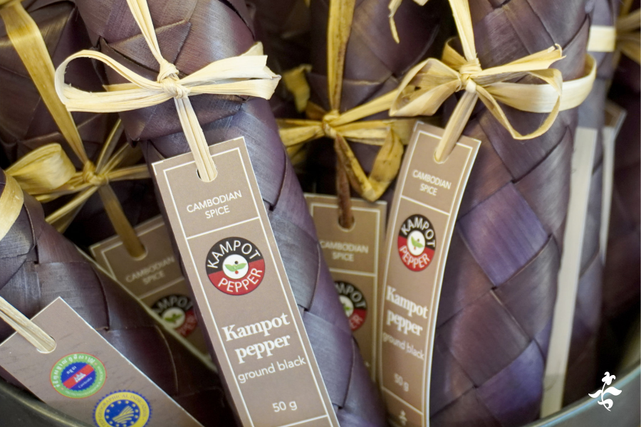 Kampot pepper in its natural sugar palm packaging handmade on site