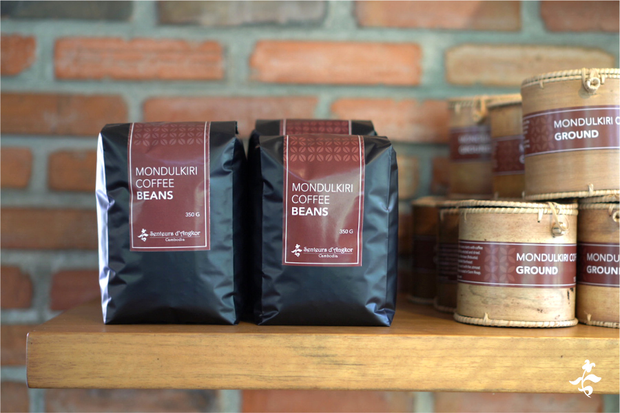 Mondulkiri coffee originated from Cambodia is displayed in the shop