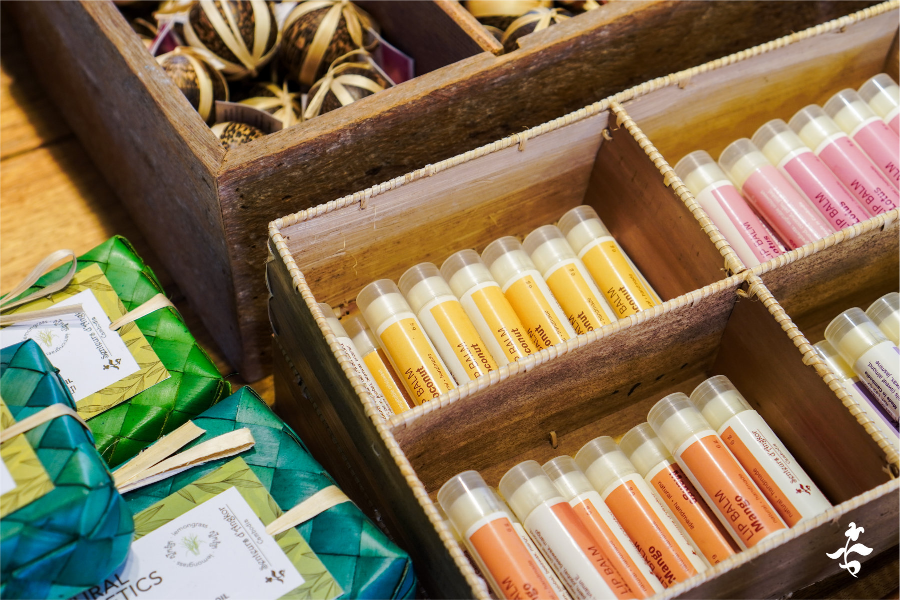 Lip balms are displayed in the shop