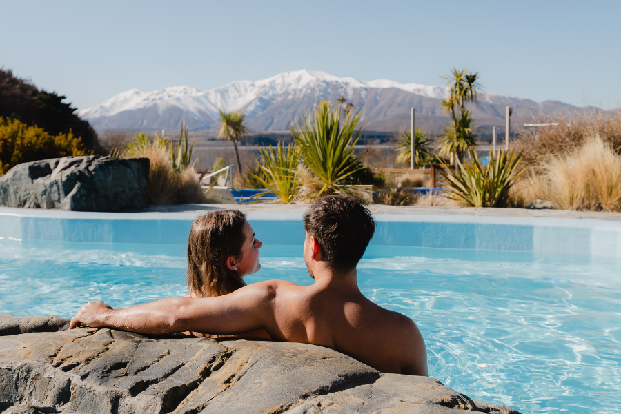 Hot pools with mountain and lake views